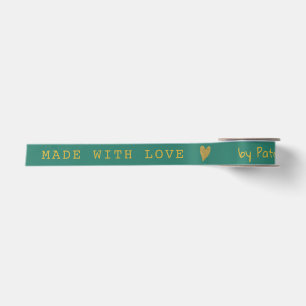 Personalised Made With Love Teal And Gold Heart Satin Ribbon