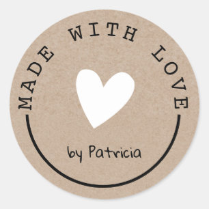 Personalised Made With Love White Heart Kraft  Classic Round Sticker