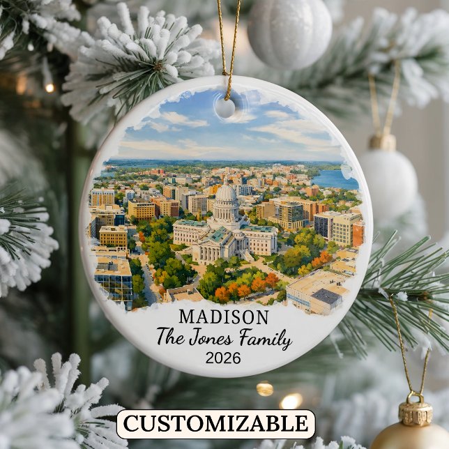 Personalised Madison Ornament, Custom Wisconsin Ceramic Tree Decoration (Creator Uploaded)