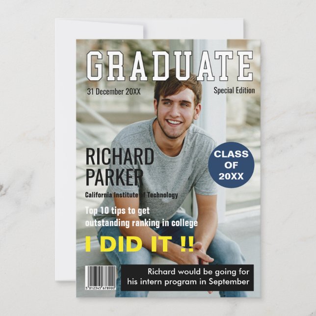 Personalised Magazine Style Graduation Thank You Card (Front)