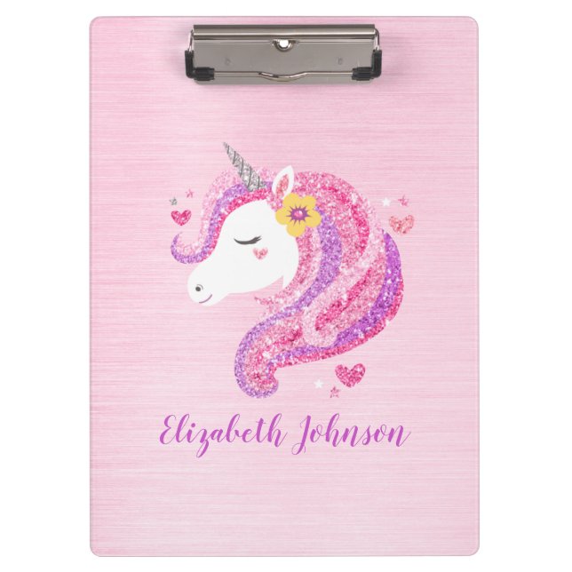 Personalised Magical Pink Glitter Unicorn Face  Clipboard (Front)