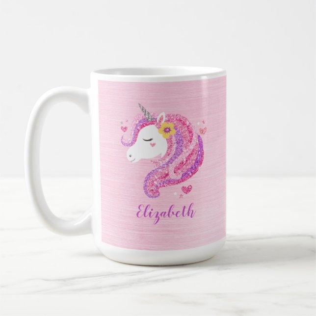 Personalised Magical Pink Glitter Unicorn Face  Coffee Mug (Left)