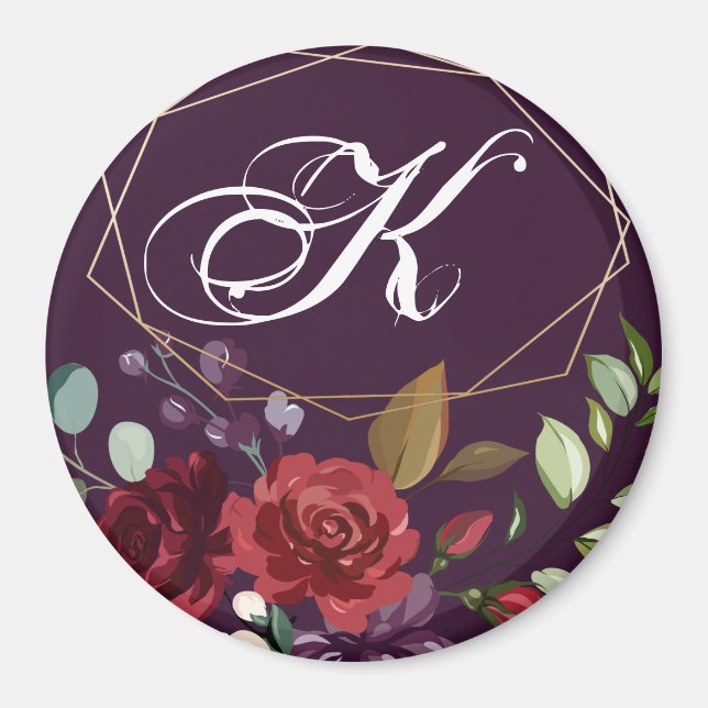 Personalised Magnet Plum Purple Roses Gold Geometr (Front)