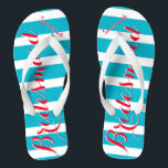 Personalised Maid of Honour Aqua or Any Colour Jandals<br><div class="desc">Sea Blue Aqua Stripes Pattern - Change to Any Colour by clicking customise. And say anything you want.  Make these one of a kind flip flops that have YOUR message on them.  Be the talk of the beach!</div>