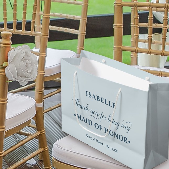 Personalised Maid of Honour Blue Thank You Large Gift Bag (Dusty Blue Wedding Thank You Gift Bag for Maid of Honor)