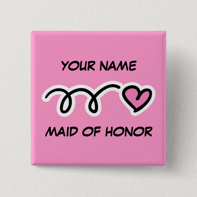 Personalised Maid Of Honour Button With Cute Heart (Front)