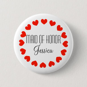 Personalised maid of honour buttons with red heart