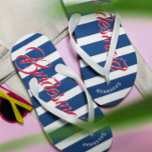Personalised Maid of Honour Navy and Pink Jandals<br><div class="desc">Navy Blue White and Pink Stripes Pattern - Change to Any Colour by clicking customise. And say anything you want.  Make these one of a kind flip flops that have YOUR message on them.  Be the talk of the beach!</div>