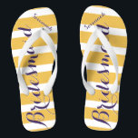 Personalised Maid of Honour Purple Mustard Yellow Jandals<br><div class="desc">Mustard Yellow and Purple Stripes Pattern - Change to Any Colour by clicking customise. And say anything you want.  Make these one of a kind flip flops that have YOUR message on them.  Be the talk of the beach!</div>
