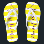 Personalised Maid of Honour Purple Yellow Any Colo Jandals<br><div class="desc">Yellow and White Stripes Pattern Purple Kiss Font - Change Yellow and Plum to Any Colour by clicking customise. And say anything you want.  Make these one of a kind flip flops that have YOUR message on them.  Be the talk of the beach!</div>