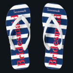 Personalised Maid of Honour Red White Blue Jandals<br><div class="desc">Mustard  Red White and Blue Stripes Pattern - Change to Any Colour by clicking customise. And say anything you want.  Make these one of a kind flip flops that have YOUR message on them.  Be the talk of the beach!</div>
