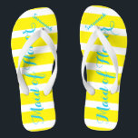 Personalised Maid of Honour Turquoise and Yellow Jandals<br><div class="desc">Primrose Blazing Yellow Elegance and White Stripes with Turquoise Aqua Blue Font - Change Yellow and Teal Font to Any Colour by clicking customise/edit. And say anything you want. Make these one of a kind flip flops that have YOUR message on them. Be the talk of the beach! bridesmaids, bachelorette...</div>
