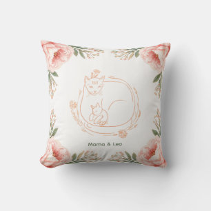Personalised Mama Cat & Kitten Floral Throw Pillow