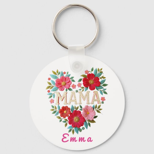 Personalised Mama Heart Floral Custom Gift Key Ring (Front)