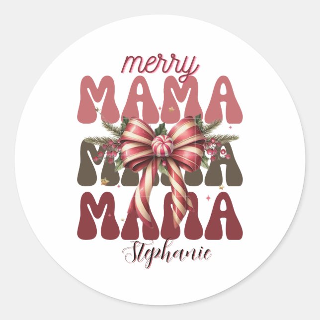 personalised mama retro  Christmas bow  Classic Round Sticker (Front)
