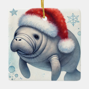 Personalised Manatee with Santa Hat Ceramic Ornament