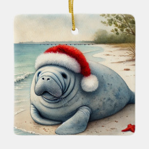 Personalised Manatee with Santa Hat Ceramic Ornament