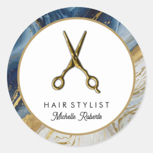 Personalised Marble Gold Scissors Hair Salon Classic Round Sticker