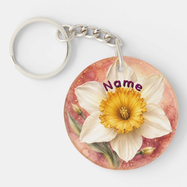 Personalised March Birth Flower Daffodil Key Ring (Front)