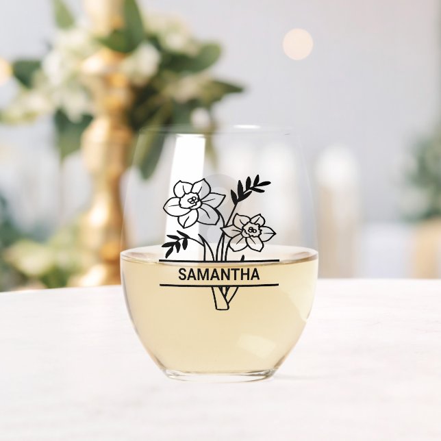 Personalised March Birth Month Flower Mum Name Stemless Wine Glass (Insitu (Wedding))
