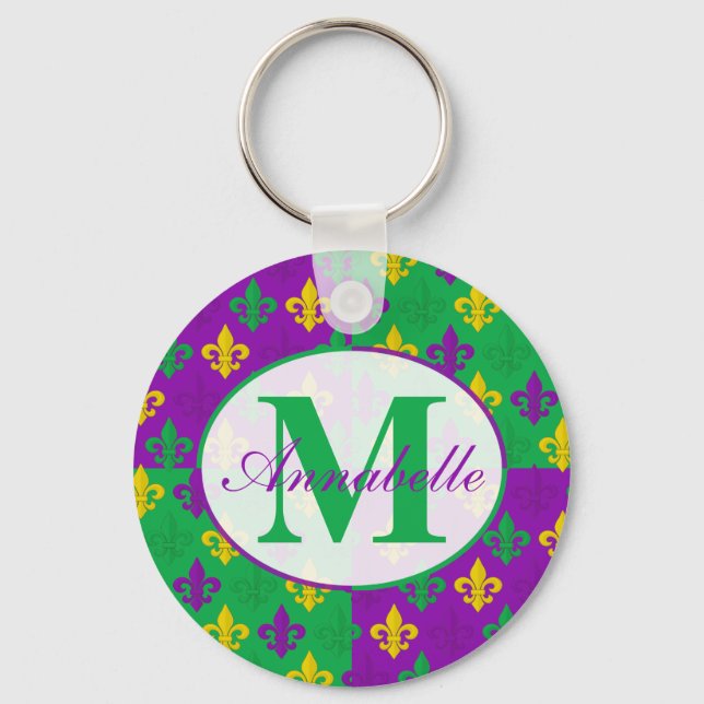 Personalised Mardi Gras Fleur de Lis Pattern Key Ring (Front)