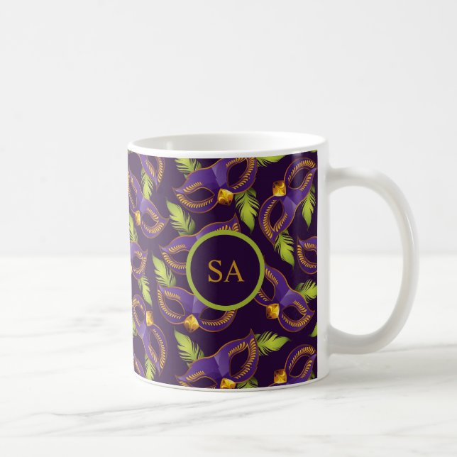 Personalised Mardi Gras Gold Green Purple Mask Coffee Mug (Right)