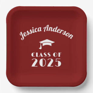 Personalised Maroon and White Graduation  Paper Plate
