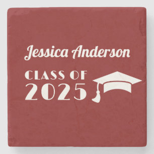 Personalised Maroon and White Graduation  Stone Coaster