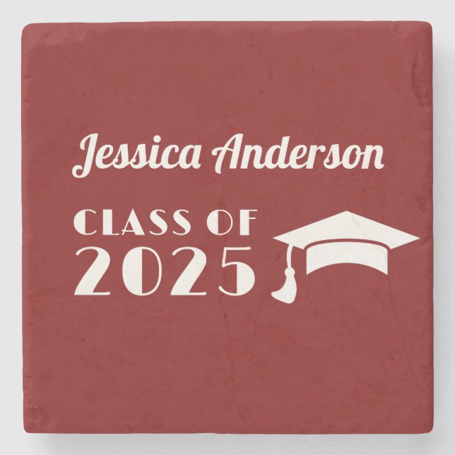 Personalised Maroon and White Graduation  Stone Coaster (Front)