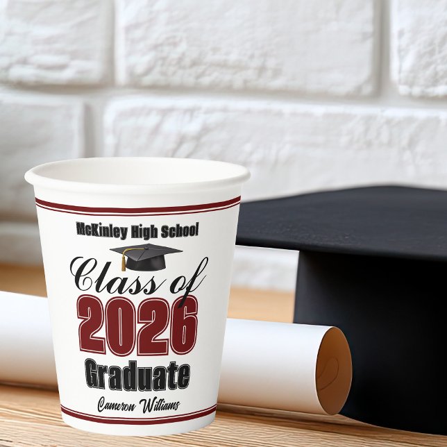 Personalised Maroon Class of 2026 Graduation Party Paper Cups (Creator Uploaded)