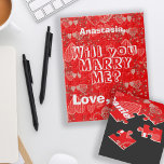 Personalised marriage proposal will you marry me jigsaw puzzle<br><div class="desc">Follow your heart and make a surprising cute proposal to your girlfriend to have a keepsake all your life! Fully customisable message text romantic gift on a beautiful vibrant ruby red, light grey and white pattern with doodle lace hearts and cherry blossom branches with his and her names popping the...</div>