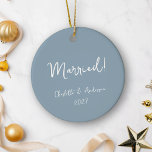 Personalised Married Couple Handwritten Blue Ceramic Tree Decoration<br><div class="desc">Celebrate your first Christmas as a married couple with this personalised boho dusty blue ceramic ornament. Featuring a charming handwritten script, this ornament beautifully displays the names of the bride and groom, along with the year. The earthy blue tone adds a touch of natural elegance, making it a perfect keepsake...</div>