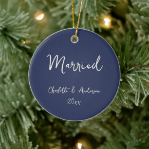 Personalised Married Couple Handwritten Navy Blue Ceramic Tree Decoration
