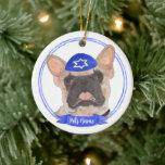 Personalised Masked Frenchie Hanukkah Ceramic Tree Decoration<br><div class="desc">Celebrate your favourite mensch on a bench with a personalised ornament! This design features a sweet illustration of a fawn masked frenchie or french bulldog with a blue and white yarmulke. For the most thoughtful gifts, pair it with another item from my collection! To see more work and learn about...</div>