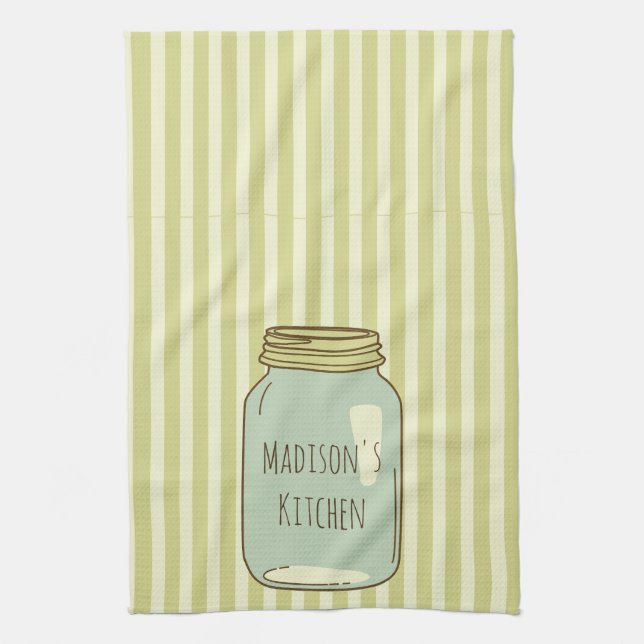 Personalised Mason Jar Kitchen Towel Pale Stripes (Vertical)