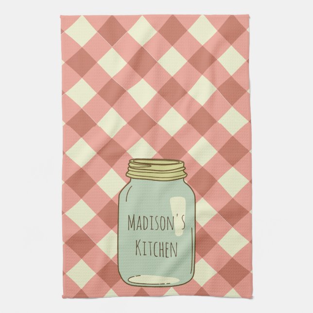 Personalised Mason Jar Kitchen Towel Red Gingham (Vertical)