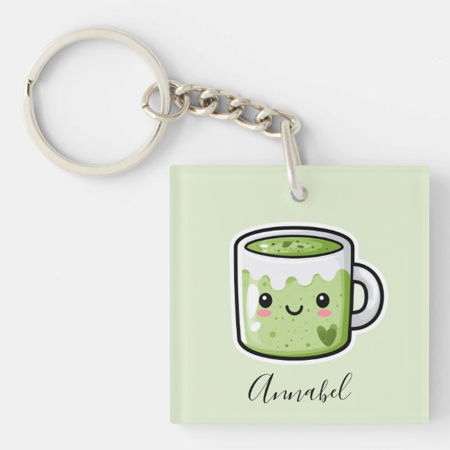 Personalised Matcha Drink and Cake Key Ring (Front)