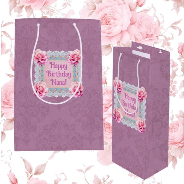 Personalised Mauve Roses Lace Damask Gift Bag (Personalize with your own message!)