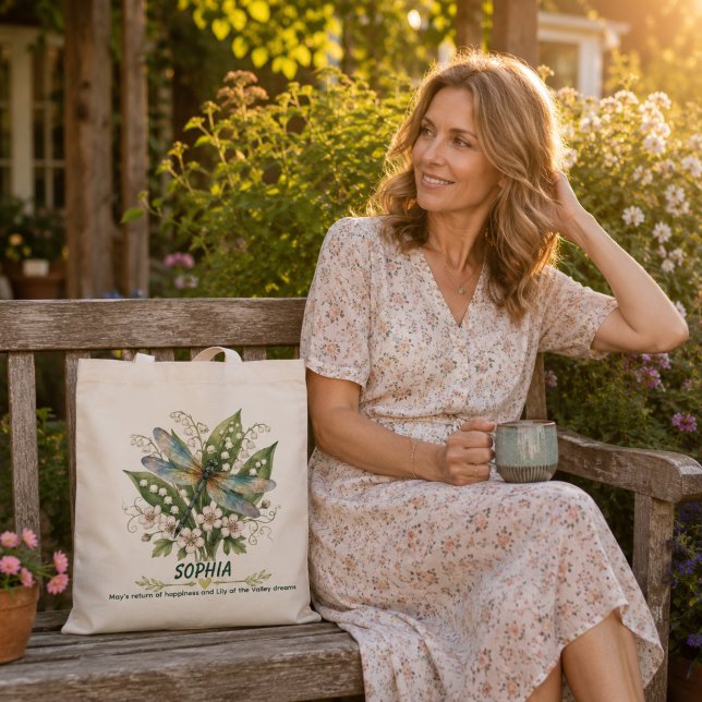 Personalised May Birth Flower Dragonfly Tote Bag (Creator Uploaded)