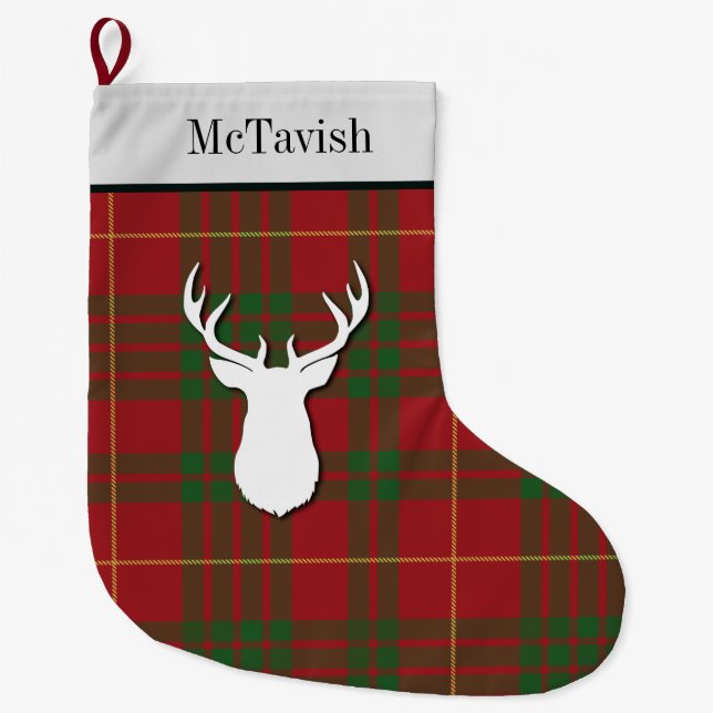 Personalised McTavish Tartan Green Red Plaid Large Christmas Stocking (Front)