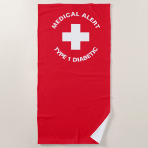 Personalised Medical Alert Diabetic Red Beach Towel