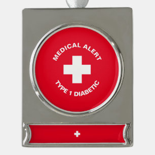Personalised Medical Alert  Diabetic Red  Silver Plated Banner Ornament