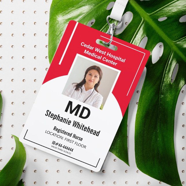 Personalised Medical Employee Photo ID Red Badge (Simple Medical ID Badge for a registered nurse or doctor that is easy to change and personalized.)