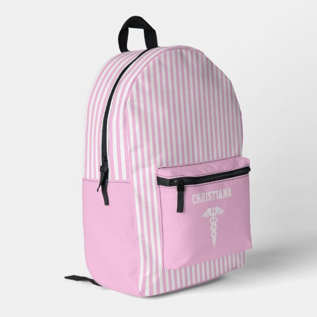 Personalised Medical Symbol Blush Pink Stripes Printed Backpack (Back Corner Left)