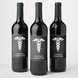 Personalised Medical Symbol Caduceus Doctor Nurse Wine Label