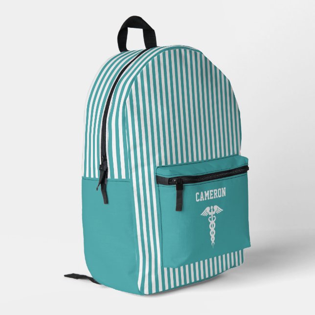 Personalised Medical Symbol Teal Stripes Printed Backpack (Back Corner Left)