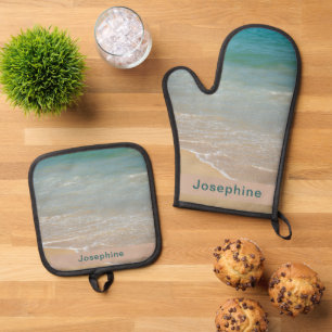 Personalised Mediterranean Beach Ocean Scene Oven Mitt & Pot Holder Set