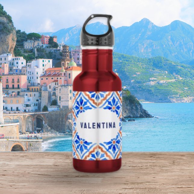 Personalised Mediterranean Blue Tile Pattern 532 Ml Water Bottle (A personalized water bottle with an Italian-inspired tile pattern in blue, white and terracotta)