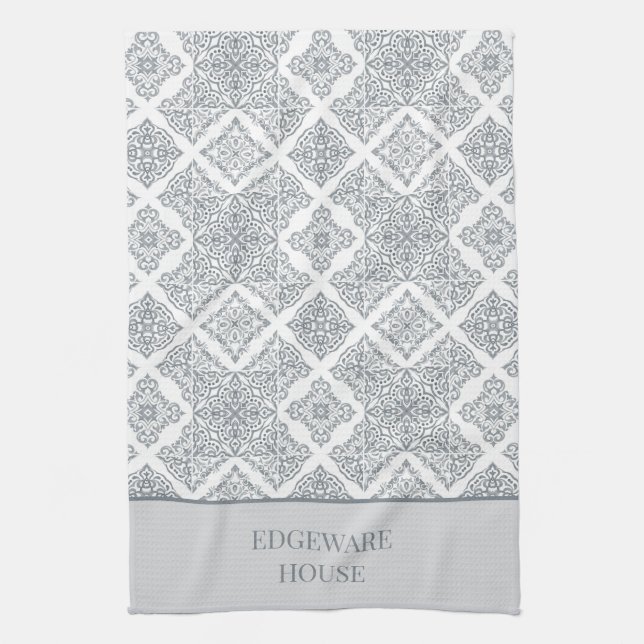 Personalised Mediterranean Grey White Tile Print Tea Towel (Vertical)