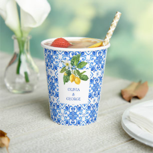 Personalised Mediterranean lemons wedding blue Paper Cups